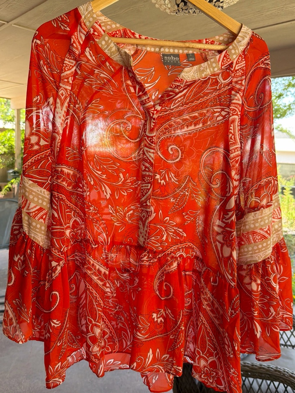 Soho Paisley Boho Peasant Blouse 3/4 Sleeve Ruffle semi-sheer